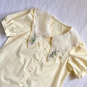 Yellow Turn-down Collar Embroidery Puff Sleeves Shirt